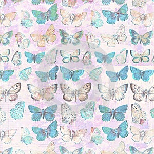 Antique butterflies grungy shabby chic pattern botanical background