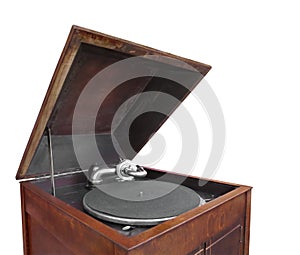 Antique cabinet phonograph isolated.