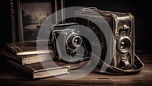 Antique camera on wooden table, capturing nostalgia and history generated by AI