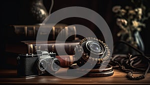 Antique camera on wooden table, capturing nostalgic photography memories generated by AI