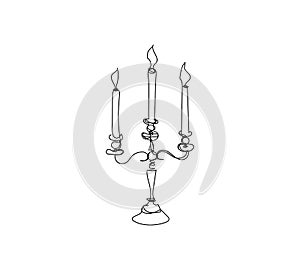Antique candelabrum and three candles one line art. Continuous line drawing of new year holidays, christmas, candle