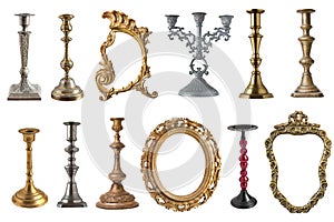 Antique candlestick and a beautiful frame for a mirror isolated on white background