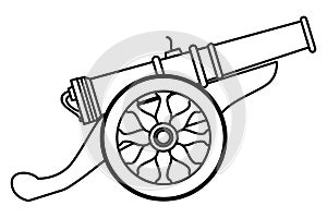 Antique canon with wheels weapon cartoon in black and white