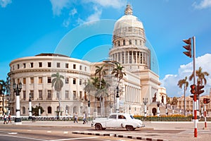 Antique car next to the Capitol in Old Havana