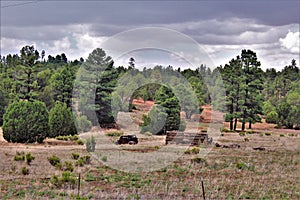 Antique Car and partial log cabin in Linden, Navajo County, Arizona, United States