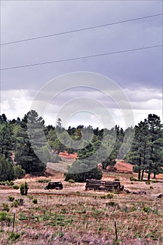 Antique Car and partial log cabin in Linden, Navajo County, Arizona, United States