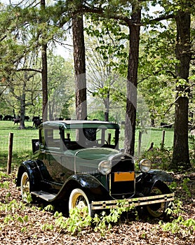 Antique car in rural scene.