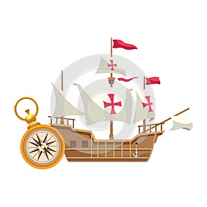 Antique caravel ship with compass navigation