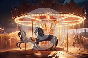 Antique carousel horses beautifully illuminated
