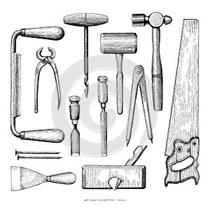 Antique carpenter tools hand drawing vintage style on white back photo