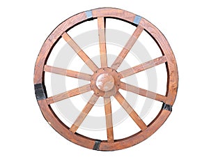 Antique Cart Wheel made of wood and iron-lined isolated