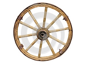 Antique Cart Wheel made of wood and iron-lined isolated