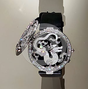 Antique Cartier Waist Watch Dragon White Gold Mother of Pearl Emeralds Diamonds