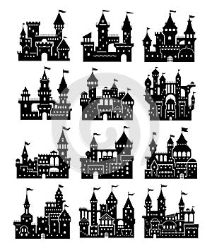 Antique castle black silhouette set vector illustration. Medieval fairytale house of king