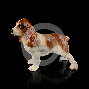 Antique ceramic dog figurine on black background