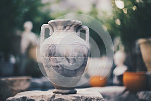 Antique ceramic vase in a garden setting