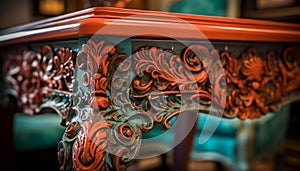 Antique chair and table, ornate wood craft generated by AI