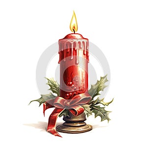 Antique Charm: Oil Paint Christmas Candle Glows Isolated on White Background