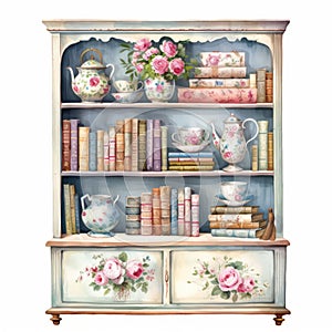 Antique China Cabinet With Delicate Flowers And Detailed Illustrations