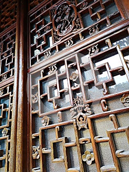 Antique Chinese carved wooden window, China