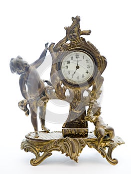Antique Clock with Cherubs on White Background