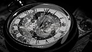 Antique clock face, black and white still life generated by AI