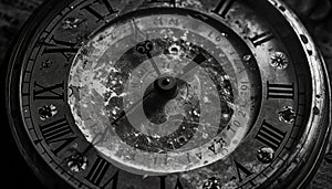 Antique clock face, minute hand, black and white generated by AI