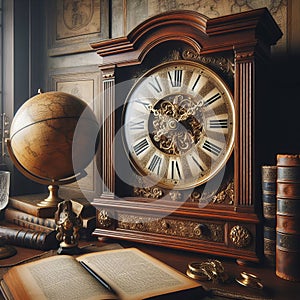 Antique Clock and Globe in Classic Study Room