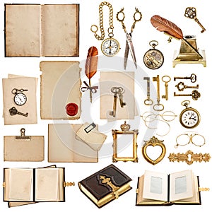 Antique clock, key, papers, books, frames