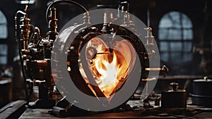 antique clock mechanism A steampunk heart on fire. The heart is a metal device that is powered by a steam engine