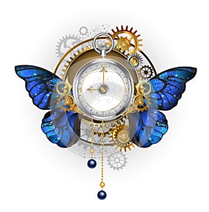 Antique clock with morpho butterfly wings