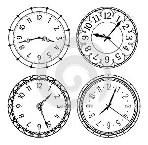 Antique clocks with arabic numerals. Classic and vintage round designs with numbers and hands isolated vector set