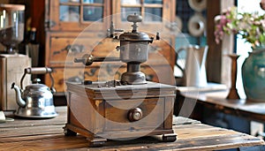 Antique coffee bean grinder featured on a wooden table with rustic charm