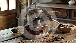 Antique coffee bean grinder featured on a wooden table with rustic charm