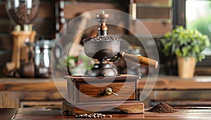 Antique coffee bean grinder featured on a wooden table with rustic charm