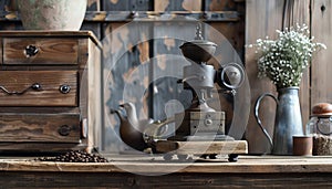 Antique coffee bean grinder featured on a wooden table with rustic charm