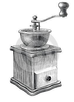 Antique coffee grinder hand draw vintage engraving style black and white clip art photo