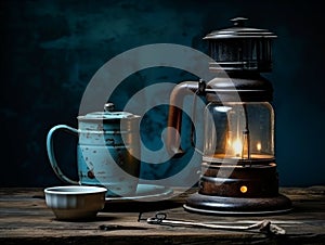 Antique coffee maker and rustic lantern with warm lighting photo