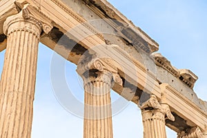 Antique columns of Erechtheion temple, Acropolis of Athens, Greece. Erechtheum is an ancient Greek Ionic temple of