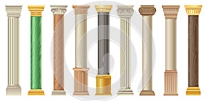 Antique columns and pilars set, classic stone columns in different styles vector Illustrations on a white background