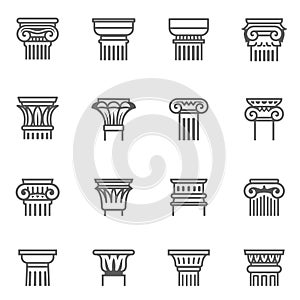 Antique columns, pillars outline icons set isolated on white. Classic plinth, socle, museum pedestal.