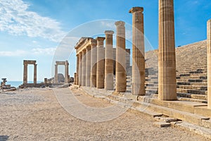 Antique columns and stairway of acropolis of Lindos