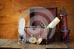 Antique compass, inkwell and old wooden chest on wooden table. black and white style old photo