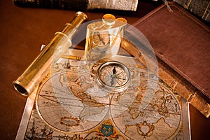 Antique compass And old map