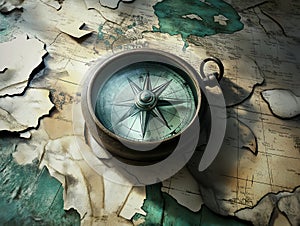 antique compass on a textured map background for navigation