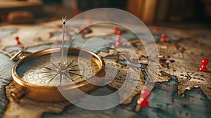 Antique Compass on World Map.AI generated image