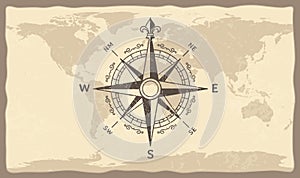 Antique compass on world map. Vintage geographic history maps with marine compasses arrows vector illustration