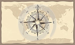 Antique compass on world map. Vintage geographic history maps with marine compasses arrows vector illustration photo