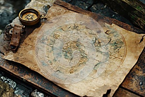 Antique Compass and Worn World Map on Wooden Surface