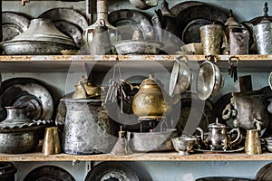 Antique Copper Pots and Vases for Sale in an Antique Shop